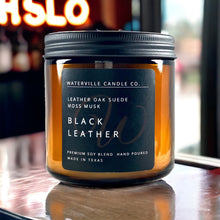 Load image into Gallery viewer, Black Leather 9oz Amber Jar Candle
