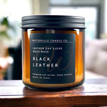 Load image into Gallery viewer, Black Leather 9oz Amber Jar Candle
